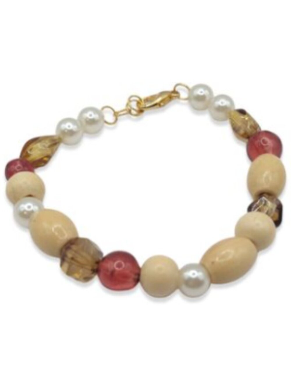 Handmade Wood & Faux Pearl Beaded Bracelet – Neutral Boho Chic Jewelry